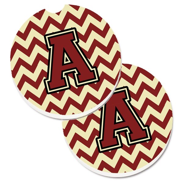 Carolines Treasures Letter A Chevron Maroon and Gold Set of 2 Cup Holder Car Coaster CJ1061-ACARC - main